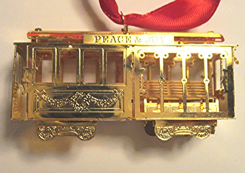 Vintage Goldplate Christmas Ornament, Peace and Joy Trolley