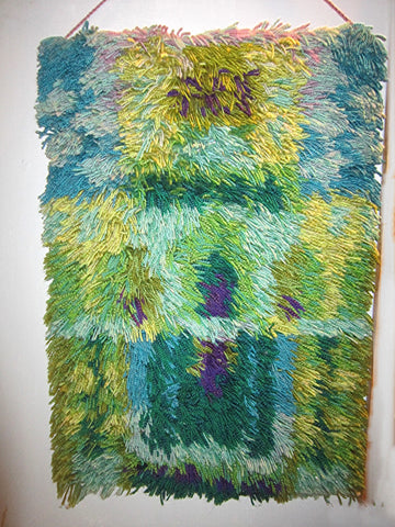 Vintage Swedish Mid Century wool tapestry, hand hooked. Title: Multicolor