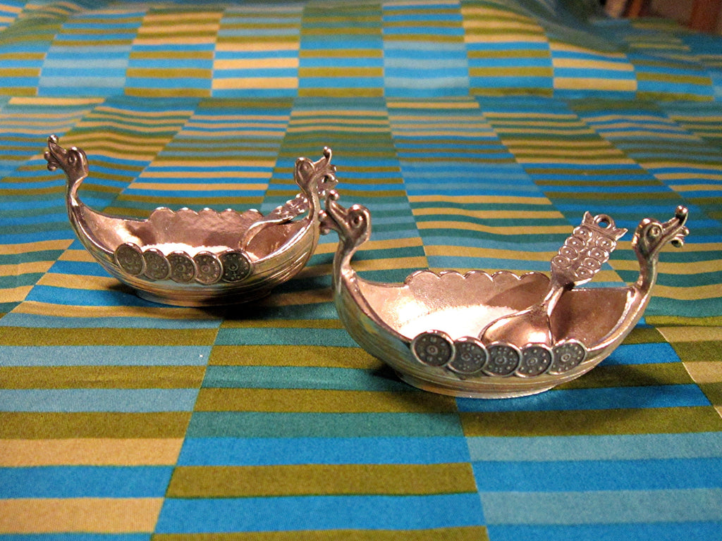 Norwegian Long Boat Open Salts with spoons decorated with shields, Mid Century Vintage Cast Pewter by Handstopt