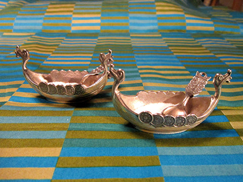 Norwegian Long Boat Open Salts with spoons decorated with shields, Mid Century Vintage Cast Pewter by Handstopt