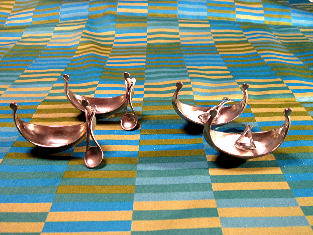 Norwegian Long Boat Open Salts with spoons Mid Century Vintage Cast Pewter by Handstopt