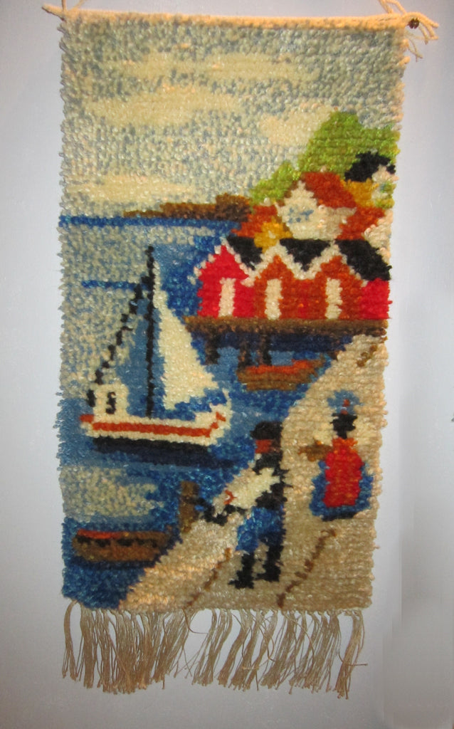 Vintage Swedish Mid Century wool tapestry, hand hooked. Title: Swedish Fishing Village